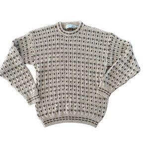 Vintage Robert Stock Mens Knit Sweater Size M Beige Cream Patterned Cotton